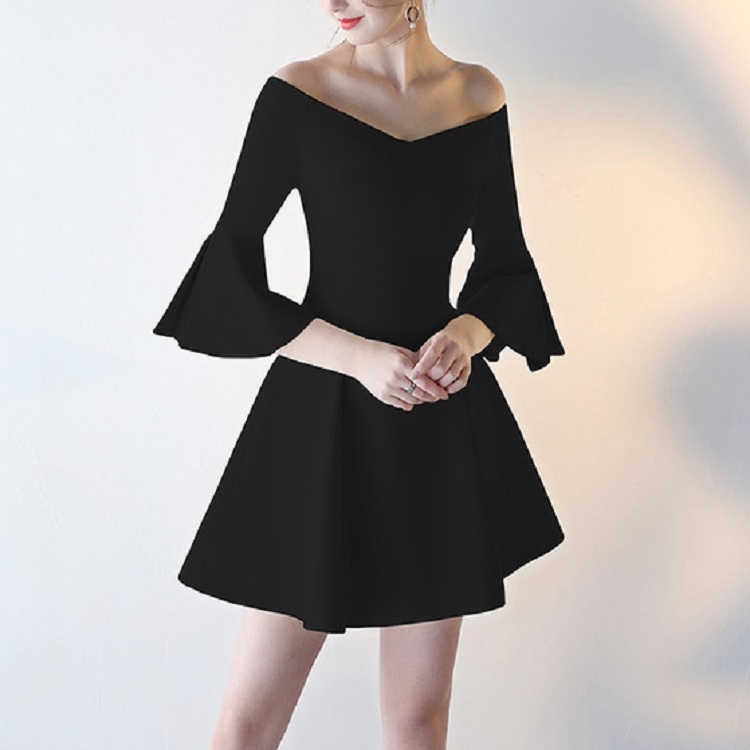 

Summer Short Off Shoulder Dress Birthday Party Carpet Dress, Size:XXL(Black)