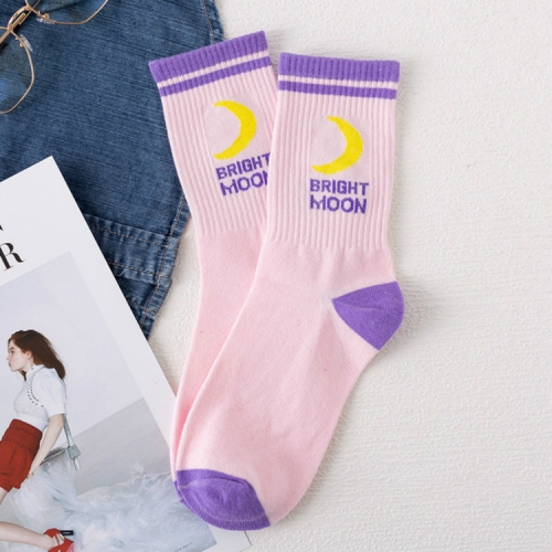 

Two Bars Moon Pattern Tube Female Socks, Size:One Size(Pink)