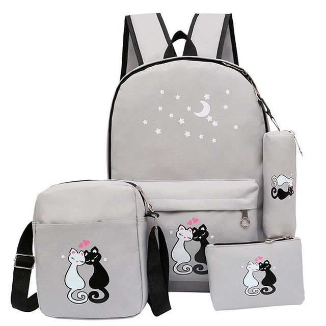 

4PCS /Set Women Backpack Cat Printing Canvas School Bags(Gray)