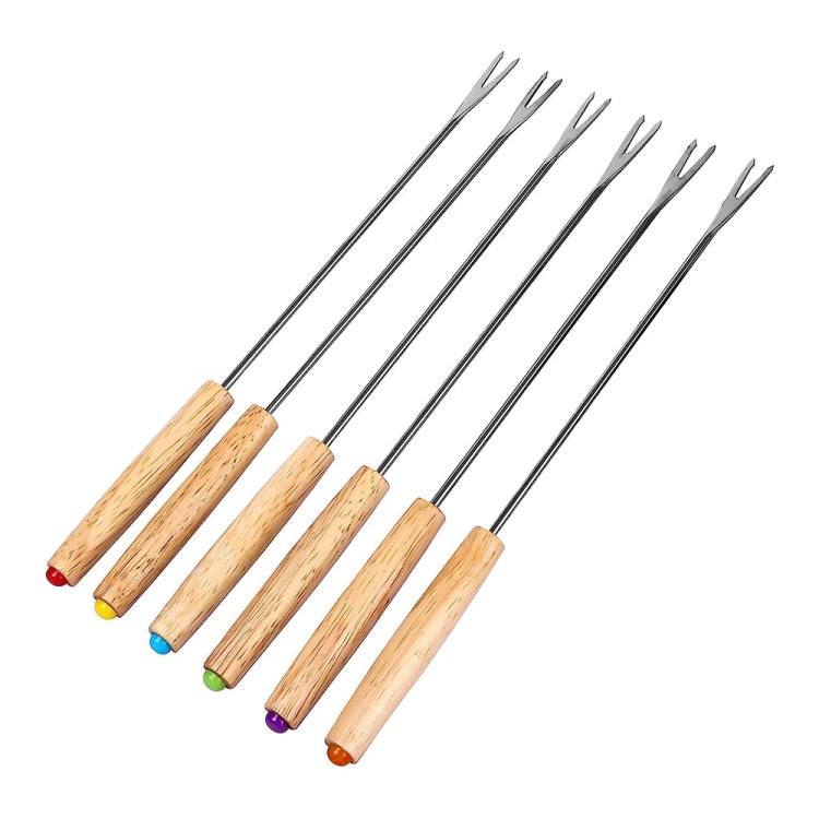

Stainless Steel Wooden Handle Chocolate Fork Hot Pot Forks Cheese Fruit Dessert Fork Fondue Melting Skewer Kitchen Tools, Random Color Delivery