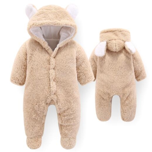 

Autumn Winter Baby Rompers Footies Bodysuit Hooded Infant Cotton Jumpsuit Baby Boy Girl Clothing, Kid Size:12M(Light Tan)