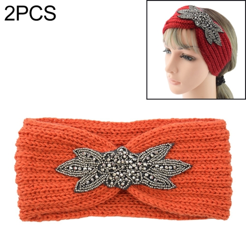 

2 PCS Diamond Six-leaf Gem Knitting Wool Hair Band Sports Manual Head Warm Hair Band(Orange)