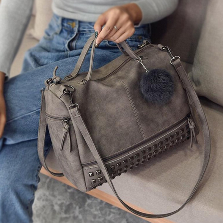 

Vintage PU Leather Women Bag Rivet Larger Ladies Handbags Hair Ball Shoulder Bag Crossbody Bag(light grey)