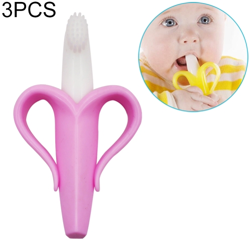 

3 PCS Baby Silicone Training Toothbrush Banana Shape Safe Toddle Teether Chew Toys Teething Ring Gift for Infant Baby Chewing(Pink-A)