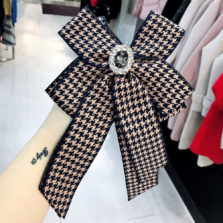 

Women College Style Houndstooth Pattern Bow Tie Diamond Bow-knot Brooch Shirt Accessories(Blue Orange)