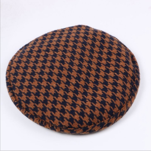 

Vintage British Style Houndstooth Pattern Beret Octagonal Cap, Size:M（56-58cm）(Coffee)