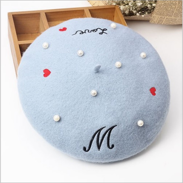 

Letters Embroidery Pearl Wool Beret for Women, Hat Size:56-58CM(Blue)