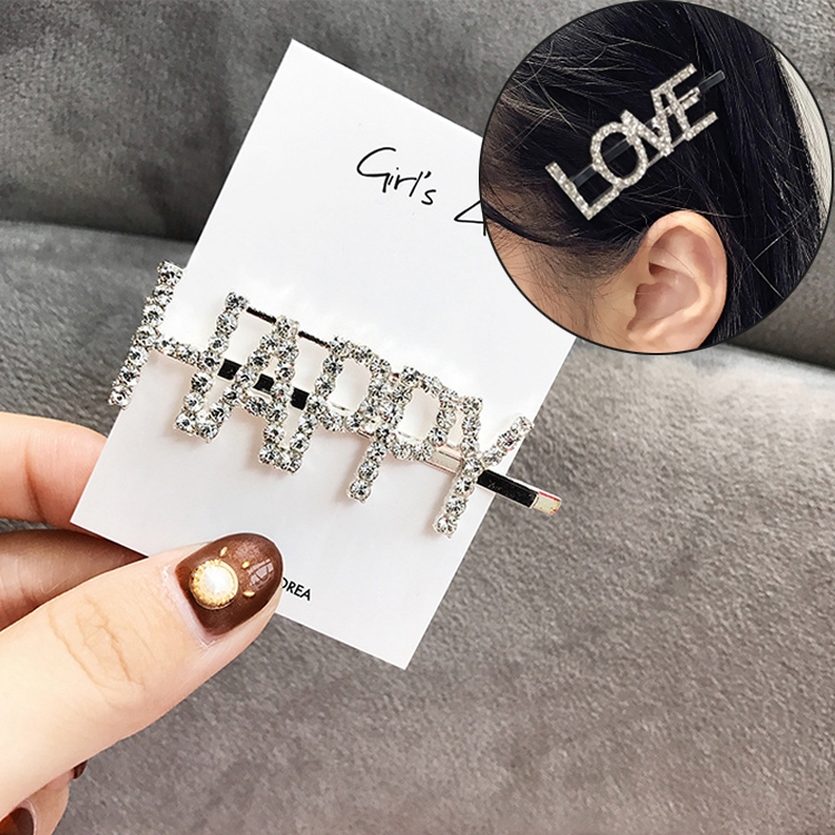 

Fashion Luxury Crystal Rhinestones Hair Clips Women Letters Hairgrip Headwear(HAPPY)