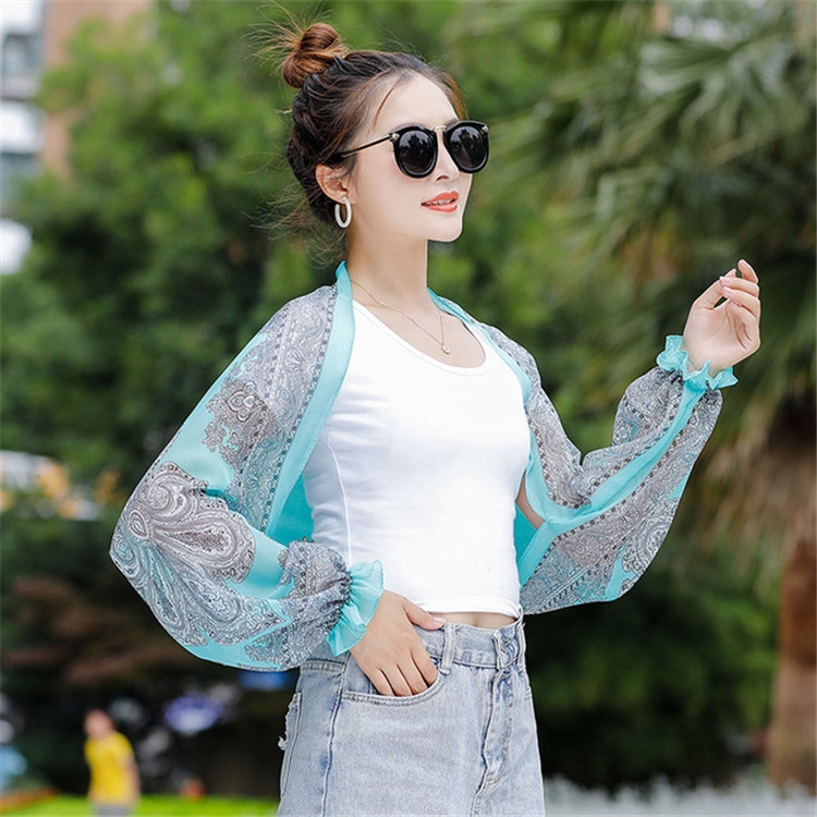

2 PCS Spring And Summer Chiffon Sun Protection Clothing Outdoor Riding Cashew Printed UV Protection Sleeve, Size:160 x 50cm(Blue Green)