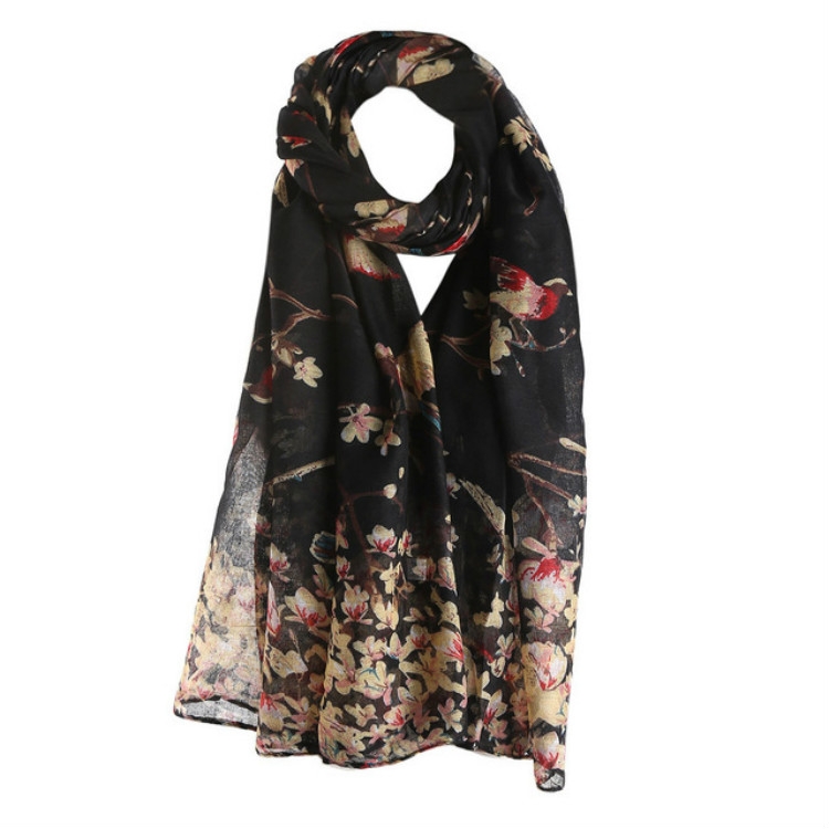 

A hundred Birds Contend Pattern Cotton Voile Thin Long Scarf Shawl, Size:180 x 90cm(Black)