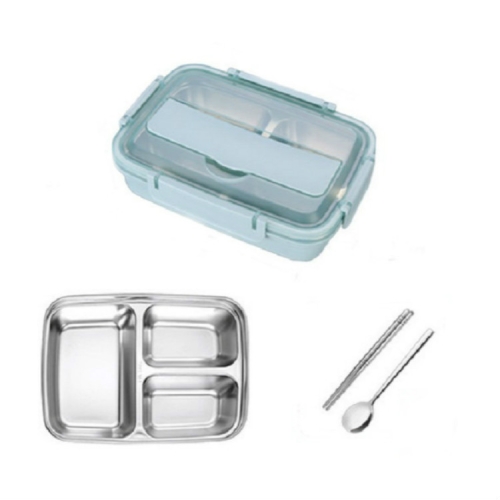 

SSGP Office Lunch Box Compartment Lunch Box Student Children Portable Lunch Box, 3 Grid with Chopsticks Spoon (Blue)