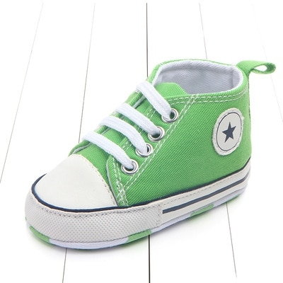 

3 Pairs Canvas Classic Sports Sneakers Newborn Baby Boys Girls First Walkers Shoes Infant Toddler Soft Sole Anti-slip Baby Shoes, Baby Age:0-6 Months(Green Star)