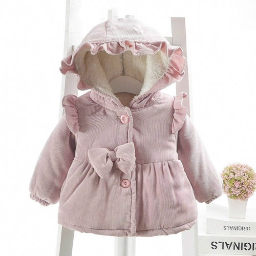 

Winter Female Baby Corduroy Hooded Bow-knot Coat, Height:70cm