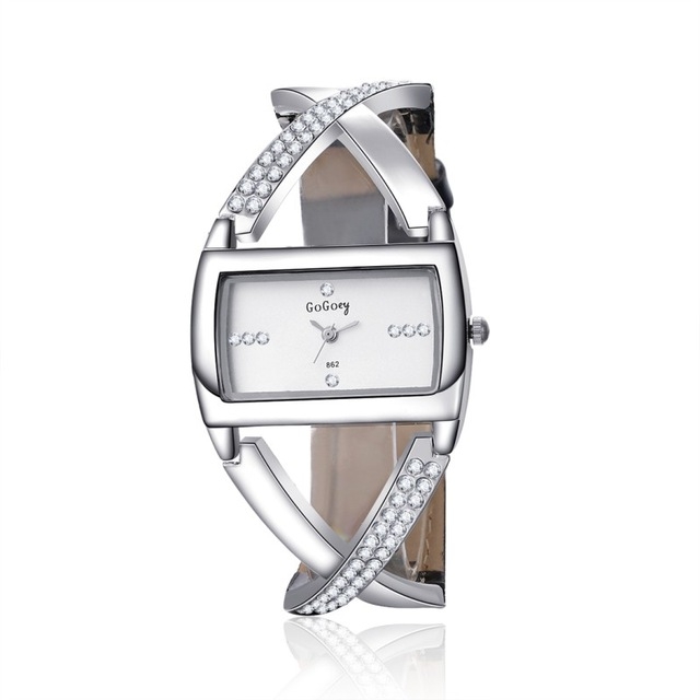 

WAT1498 Fashion Square Dial Hollow Diamond Leather Belt Bracelet Watch for Women(White)