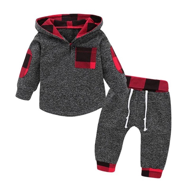 

Hoodies Toddler Plaid Hooded Tops Long Pants Kids Set, Kid Size:110cm(Dark Grey)