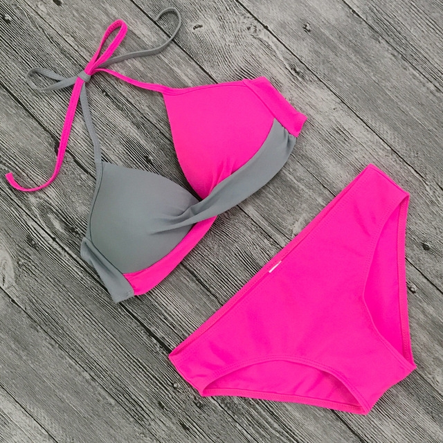 

2 PCS Sexy Split Color Matching Bikini Swimsuit, Size:L(Grey+Pink)