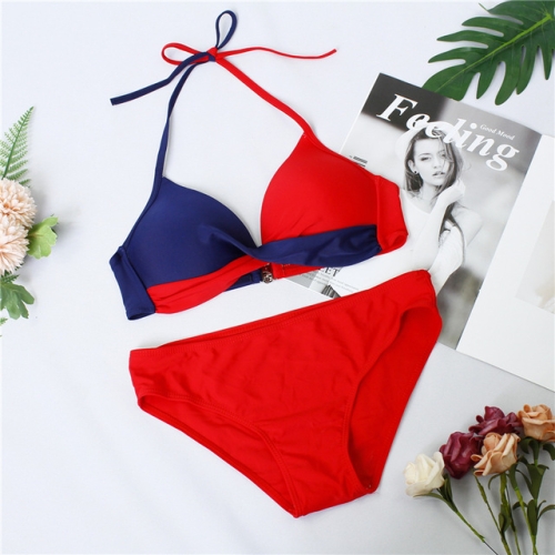 

2 PCS Sexy Split Color Matching Bikini Swimsuit, Size:L(Red+Black)