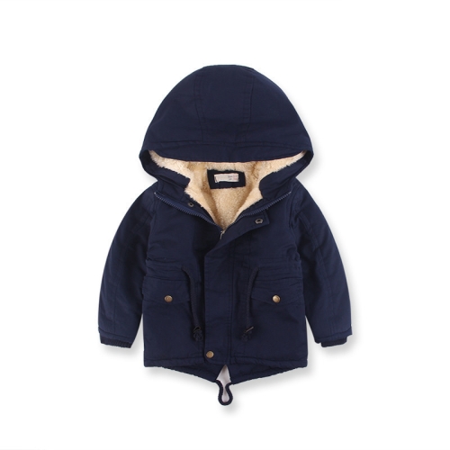 

Navy Blue Winter Boys Mid-length Drawstring Bound Waist Hooded Jacket, Height:100cm, Style:Thick