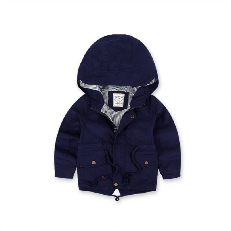 

Navy Blue Winter Boys Mid-length Drawstring Bound Waist Hooded Jacket, Height:100cm, Style:Thin