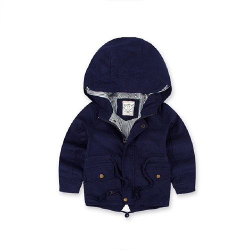 

Navy Blue Winter Boys Mid-length Drawstring Bound Waist Hooded Jacket, Height:140cm, Style:Thin