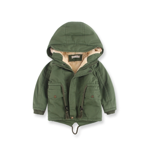 

Green Winter Boys Mid-length Drawstring Bound Waist Hooded Jacket, Height:100cm, Style:Thick