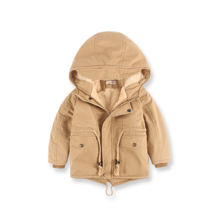 

Khaki Winter Boys Mid-length Drawstring Bound Waist Hooded Jacket, Height:100cm, Style:Thick