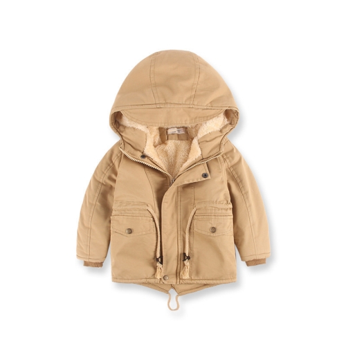 

Khaki Winter Boys Mid-length Drawstring Bound Waist Hooded Jacket, Height:120cm, Style:Thick