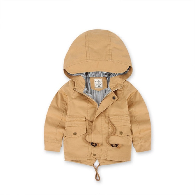 

Khaki Winter Boys Mid-length Drawstring Bound Waist Hooded Jacket, Height:130cm, Style:Thin