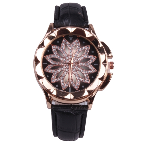 

MOK Casual Lotus Pattern Dial Leather Strap Quartz Watch(Black)