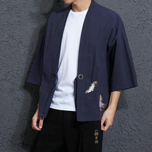 

Men's Loose Embroidery Hanfu Robe Cardigan, Size:L(Navy)
