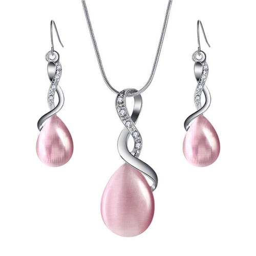 

Women Fashion Opal Water Drop Necklace Pendant Earrings Bridal Wedding Jewelry Sets(Pink)