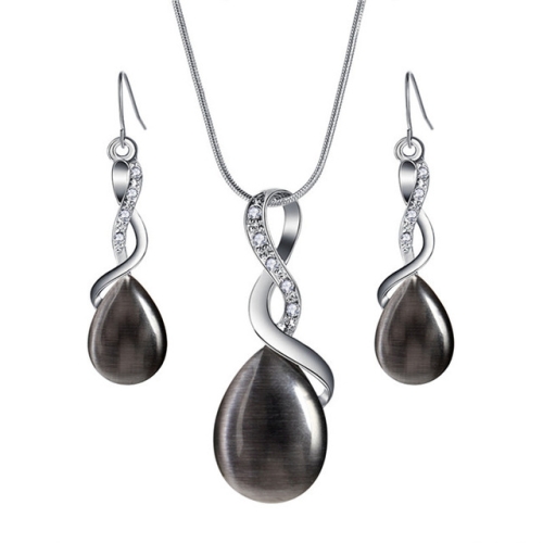 

Women Fashion Opal Water Drop Necklace Pendant Earrings Bridal Wedding Jewelry Sets(Black)
