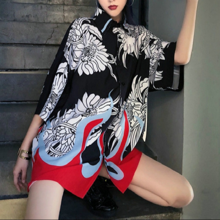 

Women Vintage Print Loose Joker Half Sleeve Shirt, Size:One Size(As Show)