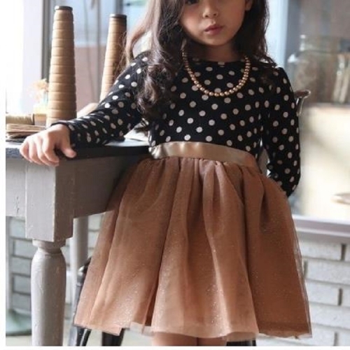 

Dot Pattern Long Sleeve Dress Tutu Child Girl Party Costume, Height:100cm(Black Shirt+ Gold Skirt)