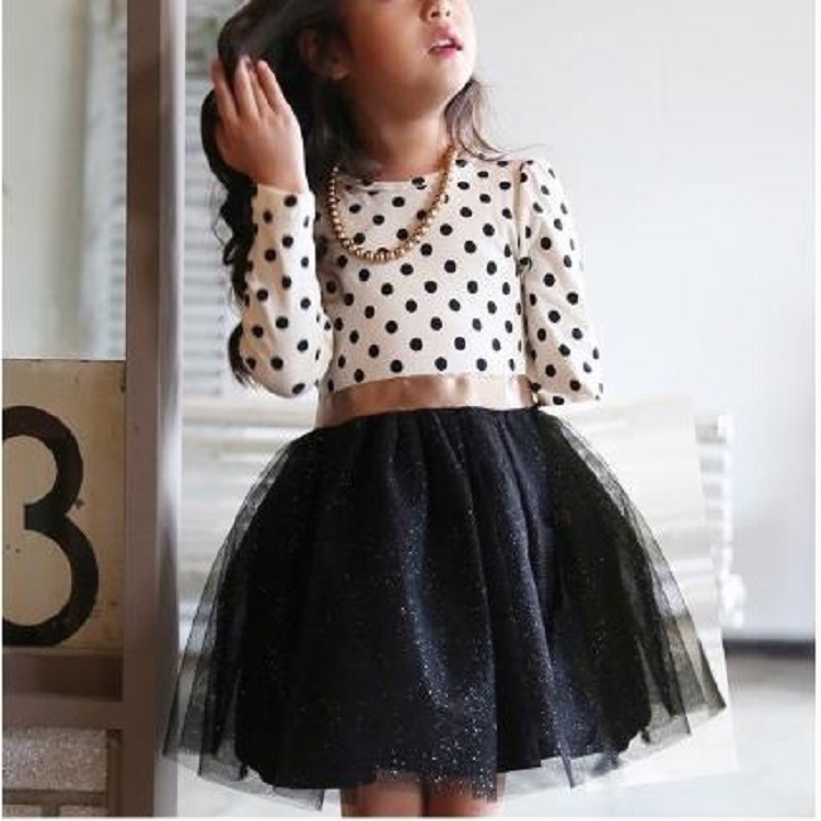 

Dot Pattern Long Sleeve Dress Tutu Child Girl Party Costume, Height:130cm(White Shirt+ Black Skirt)