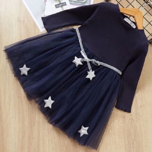 

Girls Pentagram Lace Mesh Princess Dress Long Sleeve Dress, Size:110cm(Dark Blue)