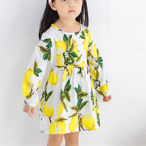 

Girls Long Sleeve Round Neck Print Dress, Height:140cm(Yellow Lemon)