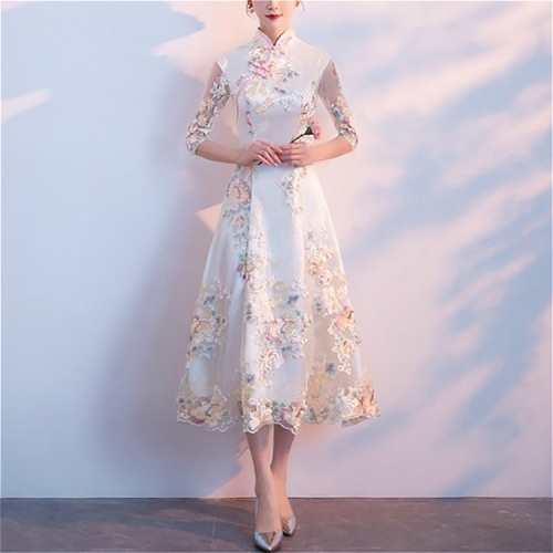 

White Long Sleeve Vintage Chinese Style Qipao Party Evening Dress Vestidos Clothes, Size:XXXL