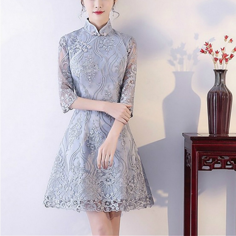 

Grey Long Sleeve Vintage Chinese Style Qipao Party Evening Dress Vestidos Clothes, Size:XS
