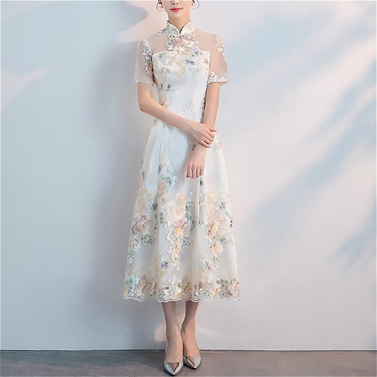 

Hollow white Vintage Chinese Style Qipao Party Evening Dress Vestidos Clothes, Size:XL