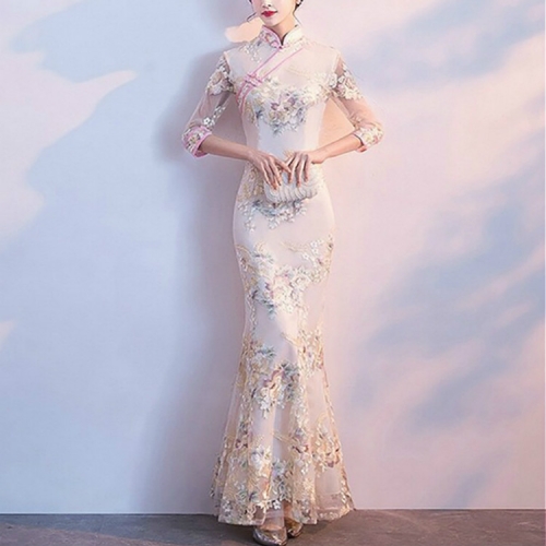

Long Fishtail Skirt Long Sleeve Vintage Chinese Style Qipao Party Evening Dress Vestidos Clothes, Size:S