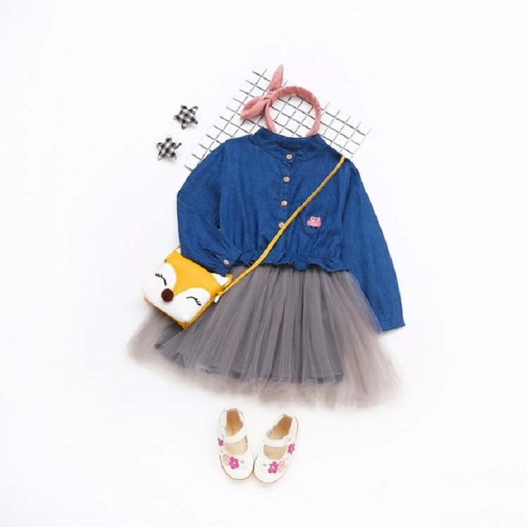 

Spring and Summer Girls Long-sleeved Denim Stitching Mesh Dress, Size:100cm(Embroidered Dark Blue)