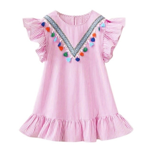 

3 PCS Girls Neckline Tassel Vertical Stripes Ruffled Dress, Height:90cm(Pink)