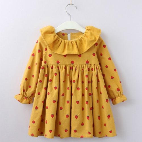 

Girls Print Long Horned Sleeve Dress Princess Dress 110cm(Yellow Dots)