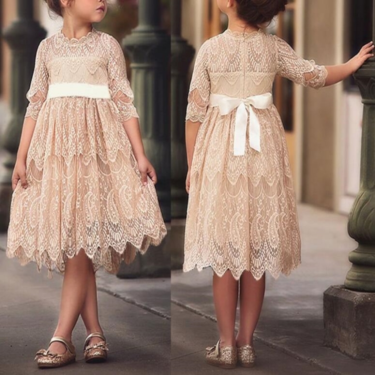 

Girls Lace Round Neck Dress Bow Tie Princess Dress, Size:130cm(Style Three)