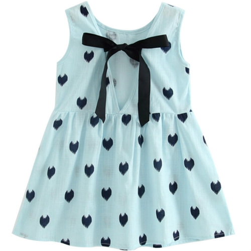 

Girls Cotton Linen Love-heart Pattern Lace-up Dress(Blue)