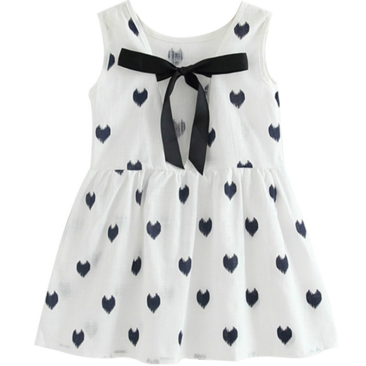 

Girls Cotton Linen Love-heart Pattern Lace-up Dress(White)