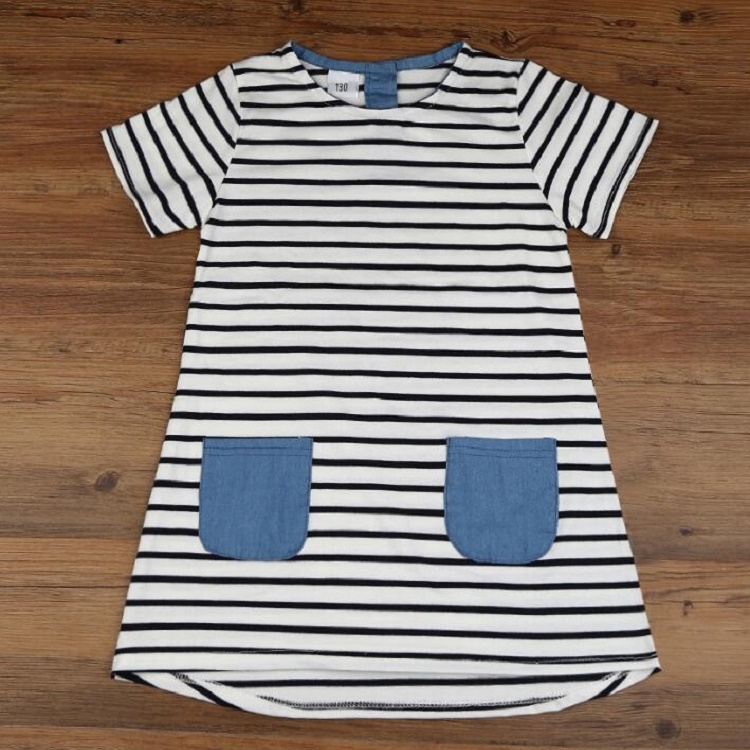 

Girls Blue Striped Denim Pocket Short Sleeve Dress, Size:100cm(White)