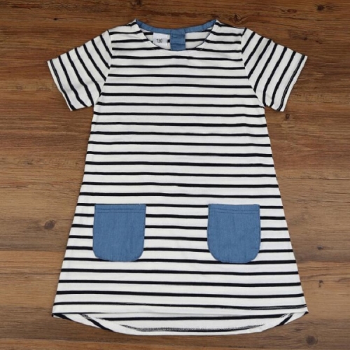 

Girls Blue Striped Denim Pocket Short Sleeve Dress, Size:130cm(White)