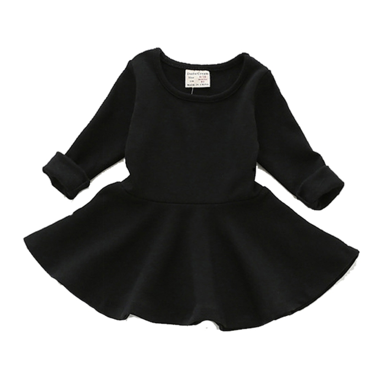 

Spring and Autumn Female Babies Cotton Sanded Lotus Leaf Large Swing Skirt Dress(Black)